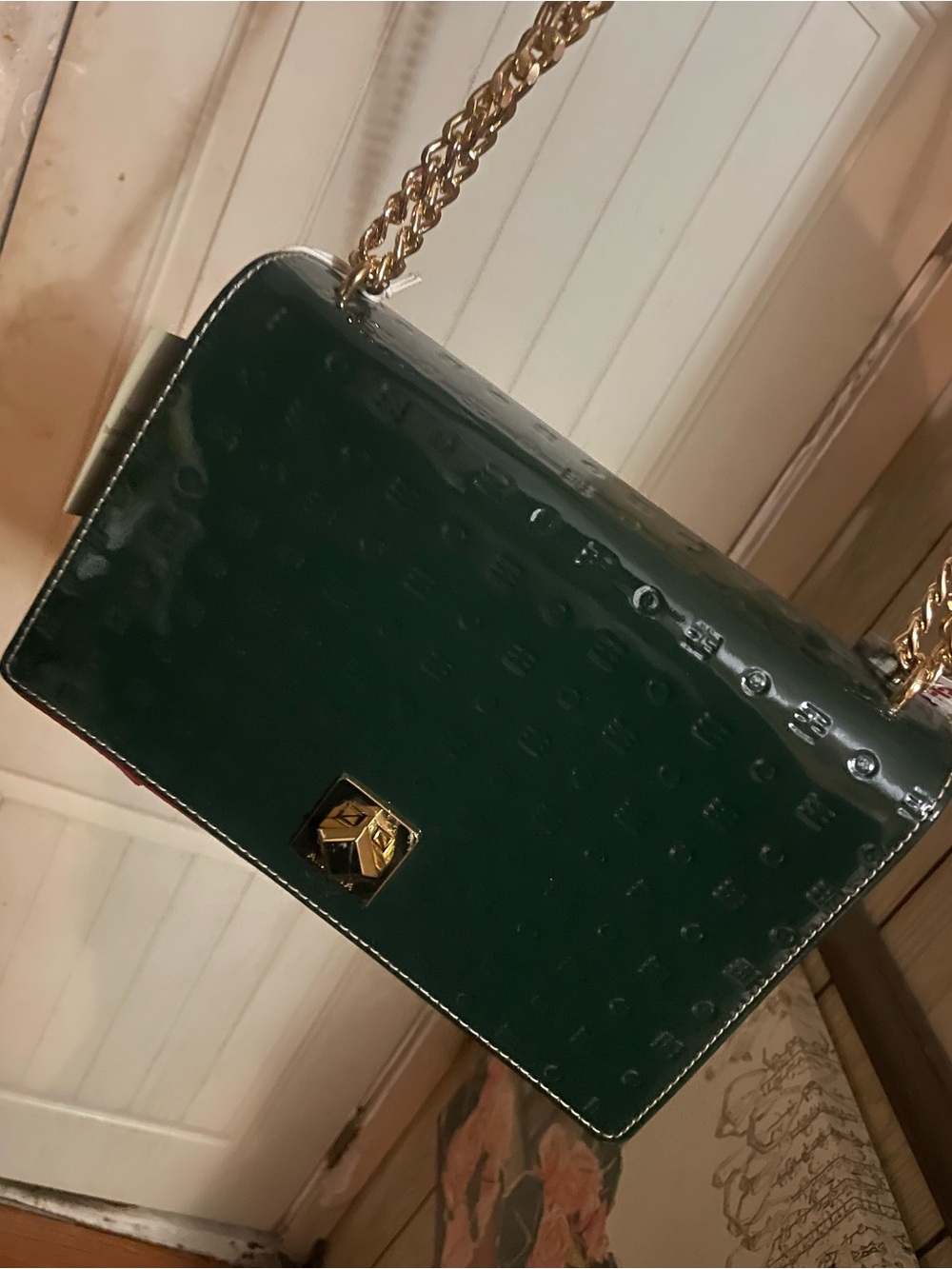 Dark Green Patent Chain Shoulder Bag with Gold Hardware